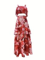 Conjunto de dos piezas con estampado, chaleco corto, falda en capas, falda larga de verano para mujer, diseño de alta gama. - details 3