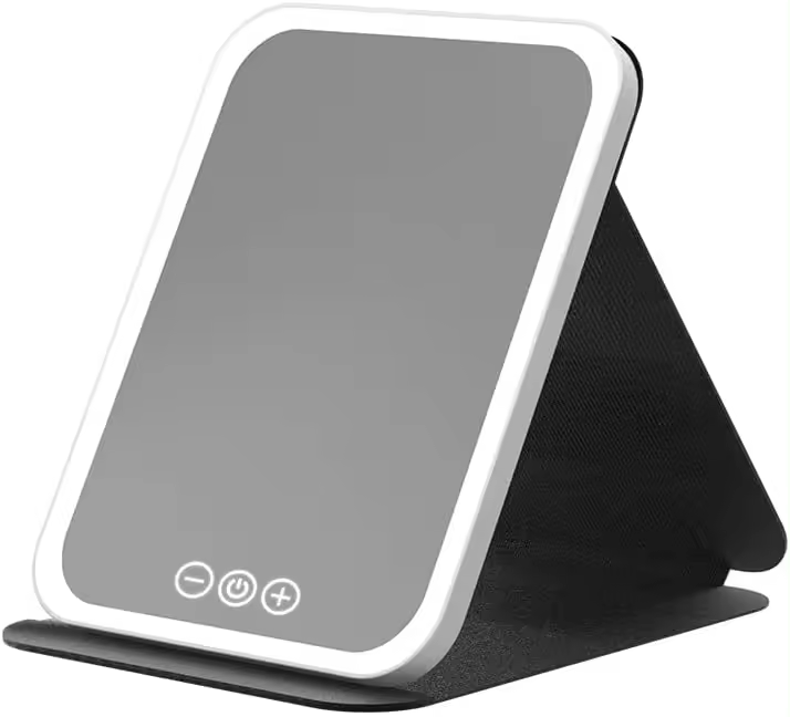 Espejo de maquillaje de viaje con luz LED, espejo de tocador iluminado plegable para tocador, escritorio recargable (M, negro) - 1