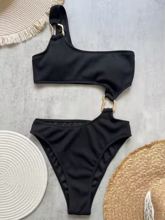 Traje de Baño de Una Pieza de Corte Alto Traje de Baño Liso de Hombro Único para Mujeres - 1