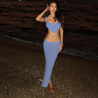 BUNO-Conjunto de 2 piezas fruncido de ganchillo de gato extraño para mujer, Tops irregulares con espalda descubierta y vendaje cruzado + faldas largas lisas, trajes de estilo playero para - details 12