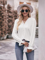 Blusa de gasa de retazos de encaje para mujer, camisa elegante informal de manga larga con cuello en V, trabajo de oficina, moda - details 12