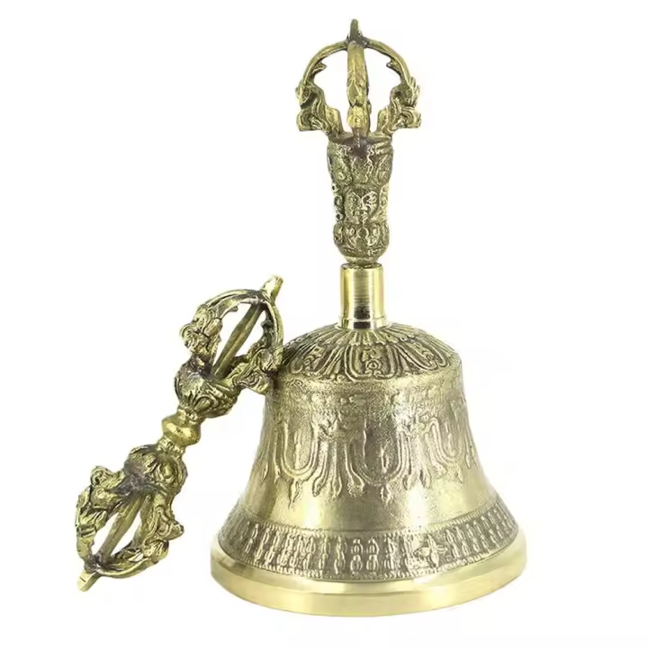 Tarro de Vra de Cobre Puro de Nepal Hecho a Mano Utensilios de Dharma de Estilo Brasso de Cinco Hebras Campana Decorativa para Puja - 1