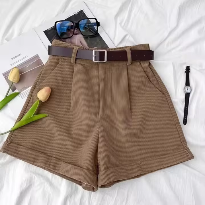 Pantalones cortos de pana vintage para mujer, pantalones acampanados adelgazantes de cintura alta, diseño pequeño, pantalones de bota de moda con borde enrollado y sensibilidad - 1