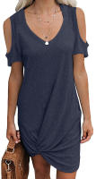 Vestido de manga corta para mujer, camiseta retorcida con hombros descubiertos, Color sólido, verano europeo y americano, primavera y verano - details 3