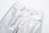 Pantalones de cuero Pu plateados para mujer, Pantalones rectos delgados con cremallera de cintura alta, moda - details 5