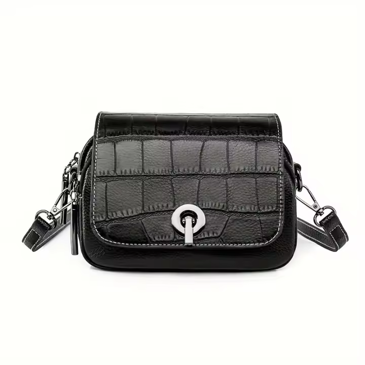 Elegante bolso cruzado negro de cuero genuino para mujer con patrón de cocodrilo, correa desmontable y cierre de cremallera - Bolso de hombro compacto para uso diario, bolso de viaje seguro |   Accesorio Elegante |   Bolso de cuero genuino, bolso cruzado - 1