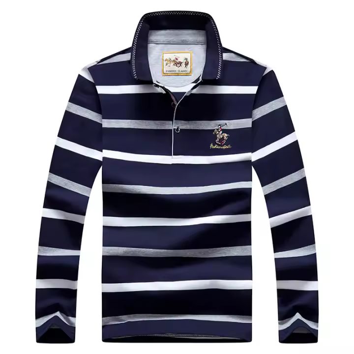 Polo de manga larga para hombre, Camiseta de algodón con bordado a rayas, informal, a la moda, novedad de primavera, 2024 - 1