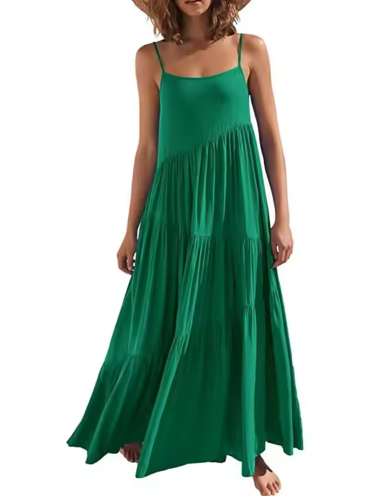 Vestido holgado de color sólido plisado irregular para mujer, vestido de playa con tirantes 2025 - 1