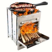Estufa de leña plegable portátil de acero inoxidable, estufa de camping con mini parrilla, parrilla de barbacoa ligera - details 2
