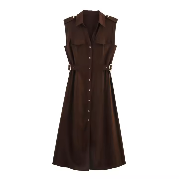 Vestido Midi sin Mangas de Verano 2025 Diseño de Cintura en Punto, Falda Grande, Moda Casual de Alta Gama para Mujeres - 1