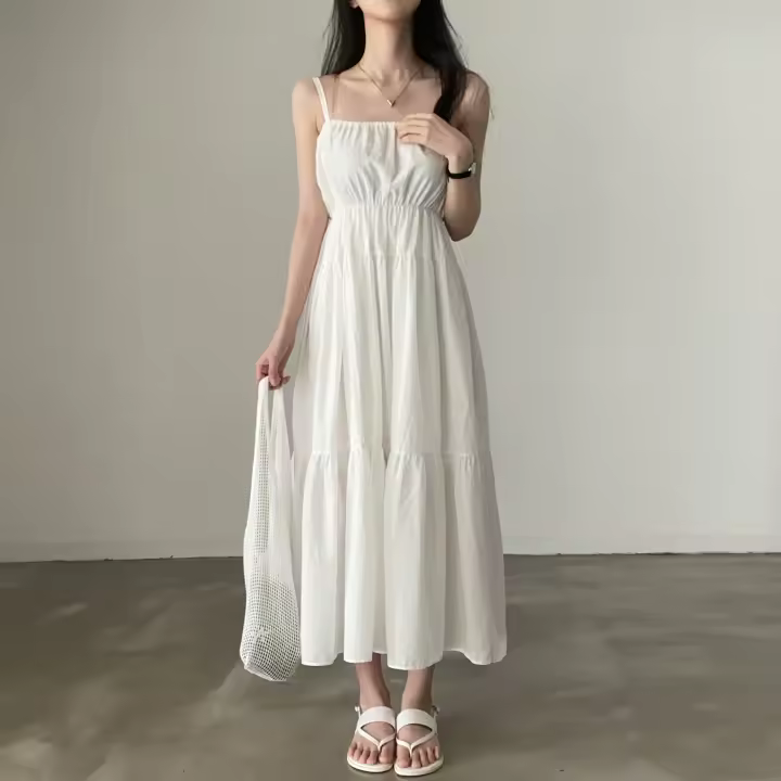 Vestido Largo de Cintura Alta y Delgado Mangas sin Capas Diseño Coreano - 1