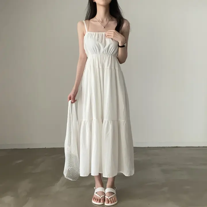 Vestido Largo de Cintura Alta y Delgado Mangas sin Capas Diseño Coreano - 1