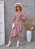 Elegante Vestido Midi de Moda Retro Cuello en V Floral Largo Mango para Mujeres - details 8