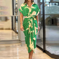 Vestidos largos elegantes para mujer, solapa, cuello en V, manga corta, cintura alta, oficina, Maxi Verde S - details 1