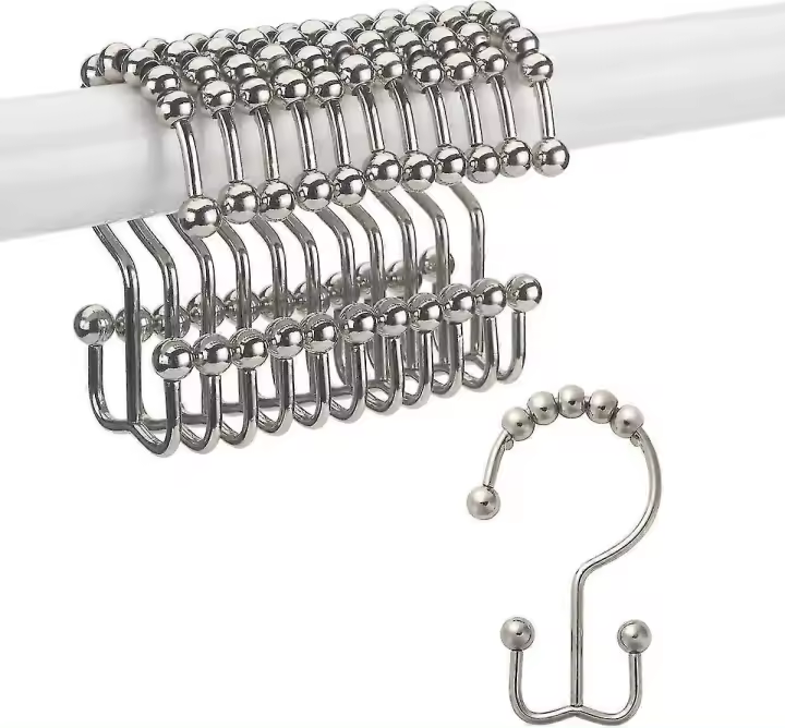 Ganchos de Cortina de Ducha de Metal Resistente a Óxido Juego de 12 Ganchos Doble Deslizamiento para Baños Playa de Cromo - 1