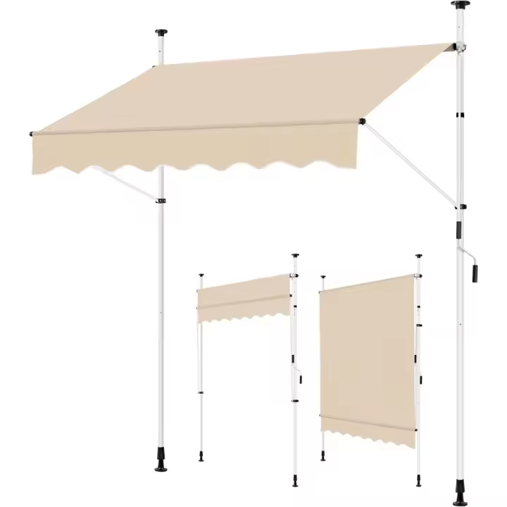 Toldo Manual Retráctil Exterior Toldo Enrollable Exterior Altura Ajustable con Manivela Sin Taladro Resistente a UV Repelente al Agua para Balcón Terraza Patio Jardín 300x300-210cm Beige - 1