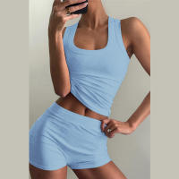 BUNO-chándales informales para Mujer, conjunto de 2 piezas, chalecos cortos elásticos con cuello en U y pantalones cortos acanalados, ropa deportiva concisa para gimnasio - details 20