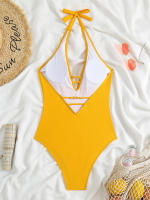 Bañador de una pieza para mujer, traje de baño liso con cuello en V, Monokini Sexy, ropa de playa para verano, 2024 - details 4