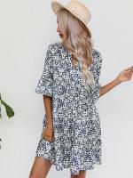Vestido corto informal con estampado Floral para mujer, minivestido playero bohemio con manga de loto y cuello en V, color azul - details 7