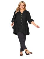 Túnica elegante de manga 3/4 para primavera y otoño, blusa informal negra con cuello en V y botones en la parte delantera, blusa escalonada de talla grande 5XL 6XL - details 3