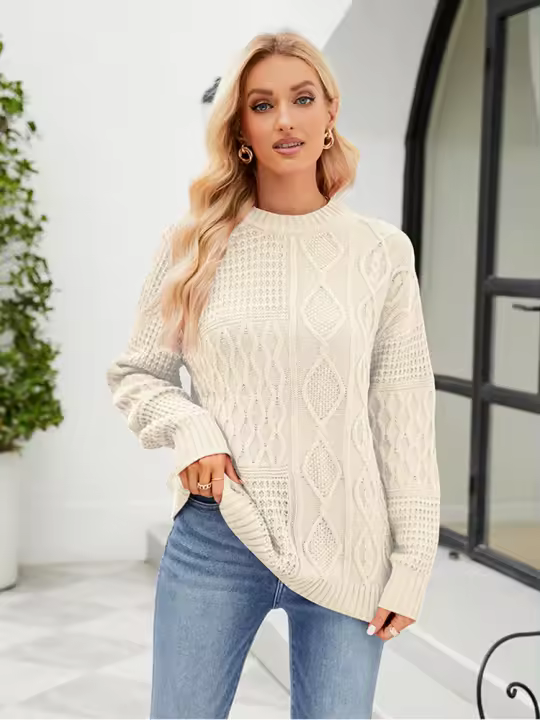 Suéter de cuello redondo de Color sólido para mujer, Jersey suelto británico, Jersey de punto rojo, Tops casuales para mujer - 1