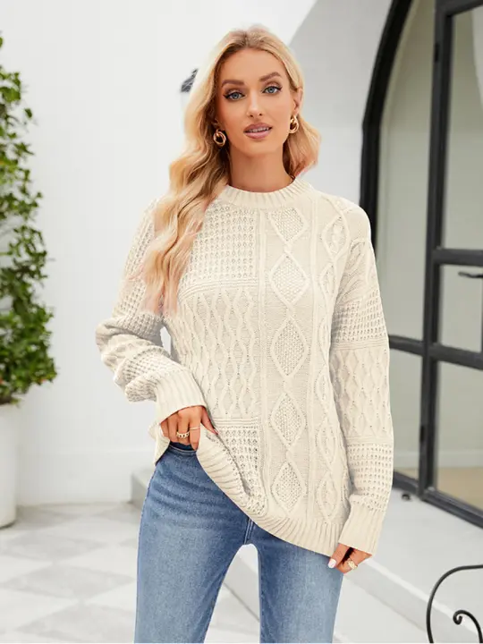 Suéter de cuello redondo de Color sólido para mujer, Jersey suelto británico, Jersey de punto rojo, Tops casuales para mujer - 1