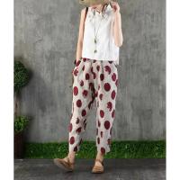 Pantalones de algodón y lino para mujer, pantalones harén con estampado de verano, pantalones holgados Retro a la moda hasta el tobillo para mujer - details 14
