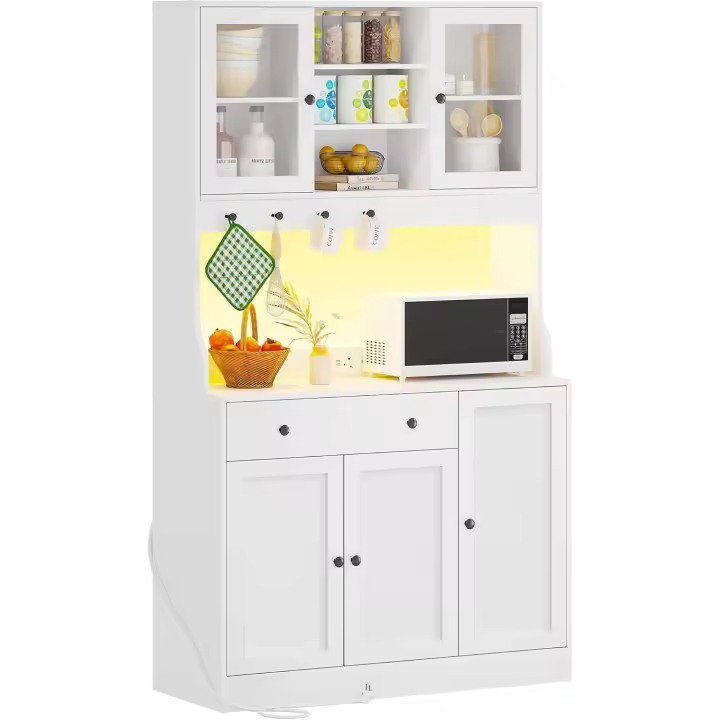 Cocina Con Encimera, Aparador Con LED y Enchufes, Buffet Con Cajones, Estantes Ajustables, Gran Espacio, Para Salón y Comedor, 103,5 x 40 x 180 cm, Blanco - 1