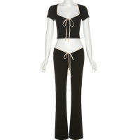 BUNO-Conjunto de ropa de calle para mujer, Top corto con cuello cuadrado y cordones, pantalón acampanado básico de cintura baja, traje elegante de dos piezas Delgado - details 11