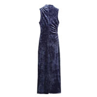 Vestido largo sin mangas con dobladillo dividido por la mitad de terciopelo para mujer, cuello redondo informal plegable, primavera n - details 2