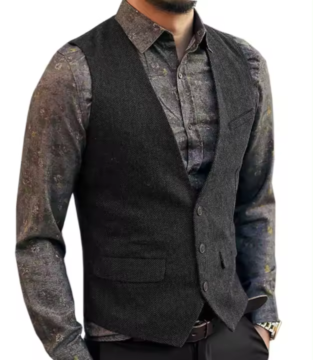 Chalecos de traje con cuello en V para hombre, chaleco de vestir de espiga de negocios entallado formal a la moda para fiesta de boda de esmoquin. - 1