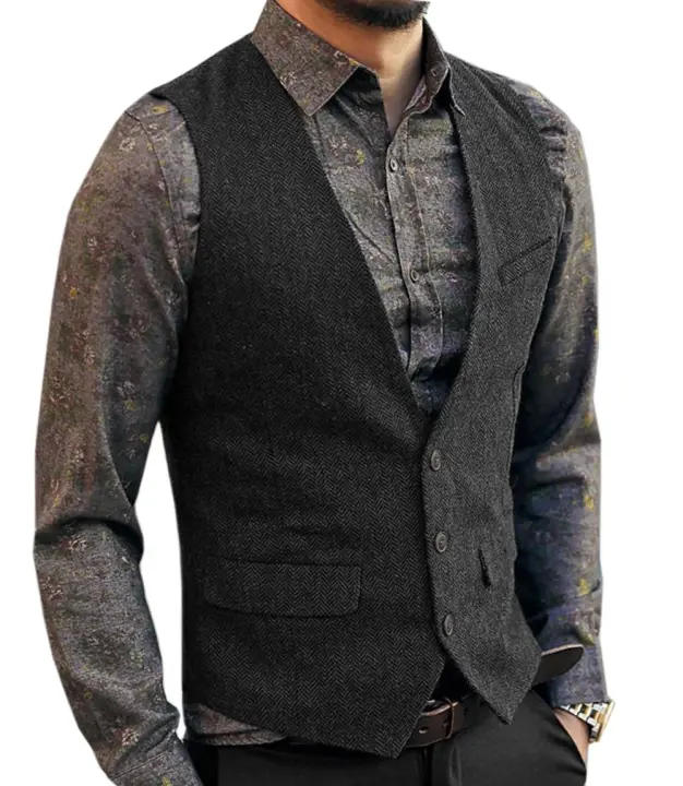 Chalecos de traje con cuello en V para hombre, chaleco de vestir de espiga de negocios entallado formal a la moda para fiesta de boda de esmoquin. - 1