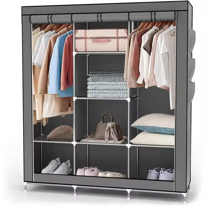 INTIRILIFE Armario Tela Plegable 130x175x45 cm en Negro Cuervo – Guardar Ropa Organizador de Textil Tela Portátil con Cremallera y Barra de Armario per Colgar – Closet Estanteria Exterior - 1