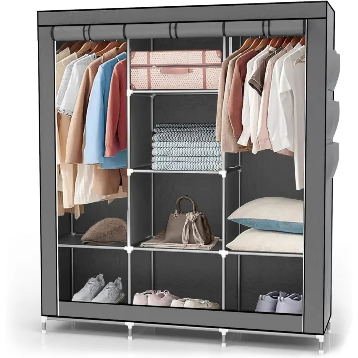INTIRILIFE Armario Tela Plegable 130x175x45 cm en Negro Cuervo – Guardar Ropa Organizador de Textil Tela Portátil con Cremallera y Barra de Armario per Colgar – Closet Estanteria Exterior - 1