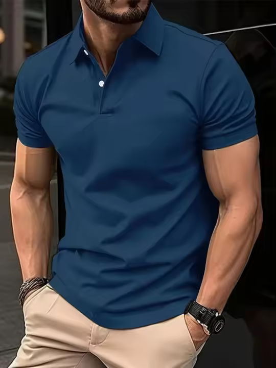 Polo de manga corta para hombre, camisa informal de color sólido con botones - 1