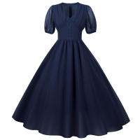 V neck women summer solid lantern short sleeve chiffon elegant vintage long party dress - details 17
