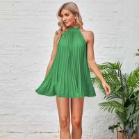 Mini Vestidos con lazo y cuello Halter para mujer, vestido plisado sin mangas con pliegues holgados de Color sólido a la moda - details 13