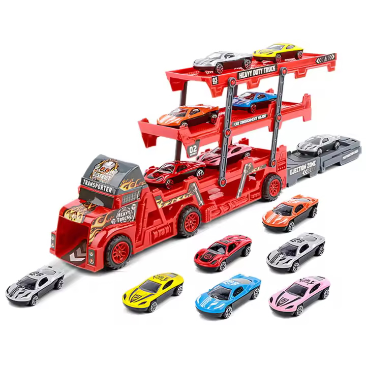 Juego de coches de juguete 6 en 1, remolque de camión grande de 3 capas, remolque de eyección plegable, camión para niños, colección de juguetes para niños, regalo de Navidad - 1