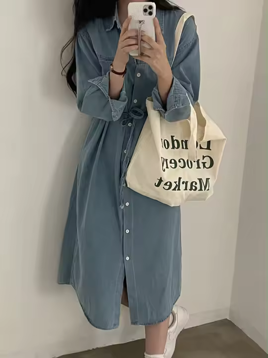 Vestido Denim Retro con Cuello Largo Elegante Estilo Coreano para Mujeres - 1