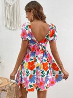 Vestido corto con manga farol y falda para la playa estampada con cuello en V novedad de verano 2025 para mujer - details 10