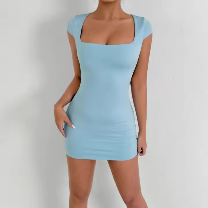 Novedad de verano, vestido elegante de manga con cuello cuadrado, vestido corto ajustado con realce del pecho - 1