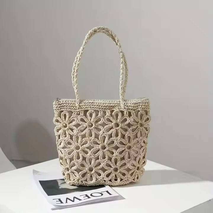 Bolso de Playa de Paja Tejido con Diseño de Flor Hueca Ligero, Duradero, Cierre de Cremallera, Perfecto para Fiestas de Verano y Salidas - 1
