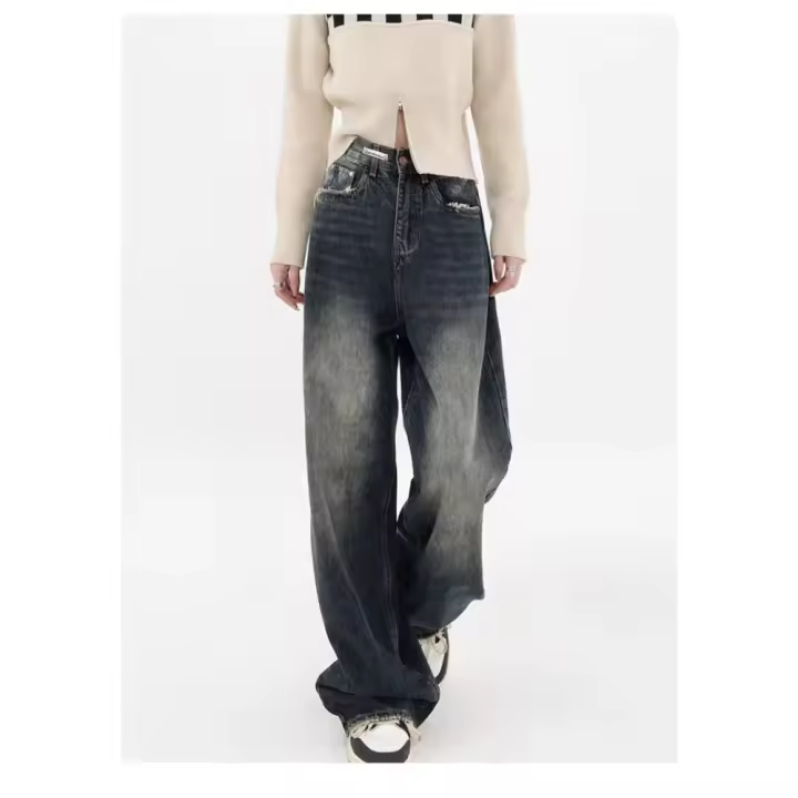 Pantalones vaqueros sueltos para mujer, ropa de calle retro de moda, pantalones vaqueros holgados de pierna ancha de cintura alta para mujer, pantalones vaqueros sueltos de calle alta para mujer - 1