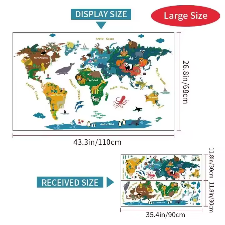 Pegatinas de Mapa Mundial de Dibujos Animados Autoadhesivas Vinílicas para Decoración de Pared de Habitación de Niños y Clase - 1