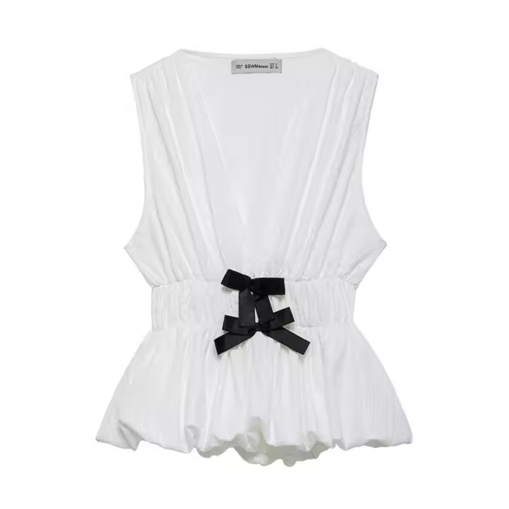 OUWU- Camisetas sin mangas con cintura elástica plisada para mujer, top vintage sin mangas con cuello en V, top elegante para mujer - 1
