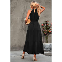 Vestido estilo bohemio mujer verano con cinturón，Sin mangas halter Dobladillo con volantes - details 4