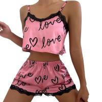 2 unids/set traje de pijama para mujer lindo cuello en V encaje amor corazón impreso tirantes Tops pantalones cortos camisón ropa de dormir conjunto de ropa de casa - details 0