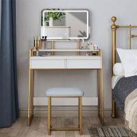 Maquillaje con espejo y luz LED, iluminación ajustable, mesa de maquillaje con taburete, 2 cajones de almacenamiento y estantes, estructura de metal, para dormitorio, blanco y dorado - details 0