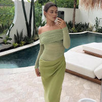 BUNO-vestidos largos con hombros descubiertos, vestido de cena negro con malla transparente, trajes de cumpleaños elegantes y sexys - details 6