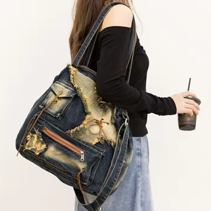 Bolso de hombro de mezclilla vintage, bolso cruzado de estrella Y2K, bolso de mano con cordón de moda para mujer - 1
